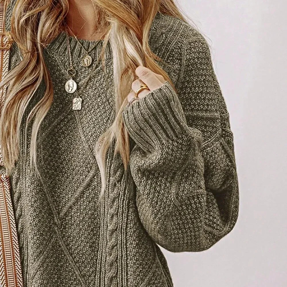 Green Casual Women's Cozy Cable Knit Drop Shoulder Loose Fit Sweater - Picture 2 of 4
